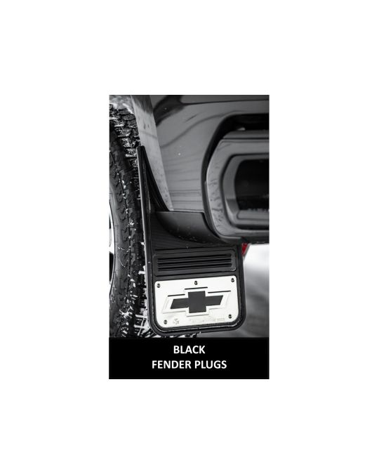 Chevrolet Front And Rear Rubber Gatorback Mud Flaps No Drill Black With Black Bowtie Logo And Black Fender Plugs
