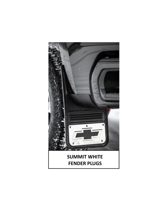 Chevrolet Front And Rear Rubber Gatorback Mud Flaps No Drill Black With Black Bowtie Logo And Summit White Fender Plugs