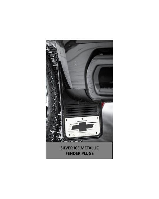 Chevrolet Front And Rear Rubber Gatorback Mud Flaps No Drill Black With Black Bowtie Logo And Silver Ice Metallic Fender Plugs