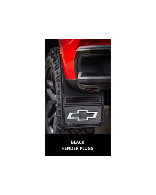 Chevrolet Front And Rear Rubber Gatorback Mud Flaps No Drill Black With Silver Outlined Bowtie Logo And Black Fender Plugs