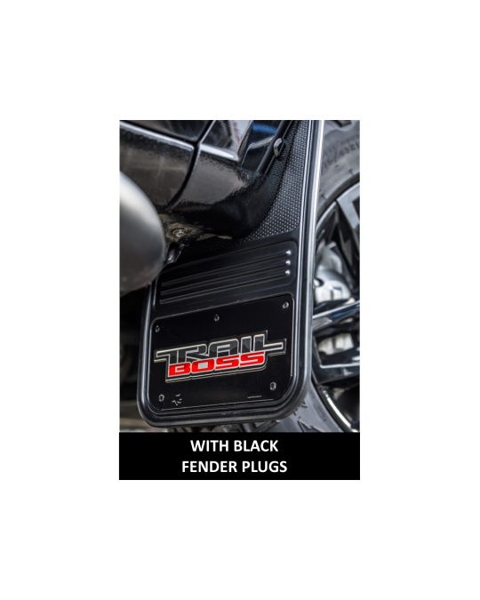 Chevrolet Front And Rear Rubber Gatorback Mud Flaps No Drill Black With Trail Boss Logo And Black Fender Plugs
