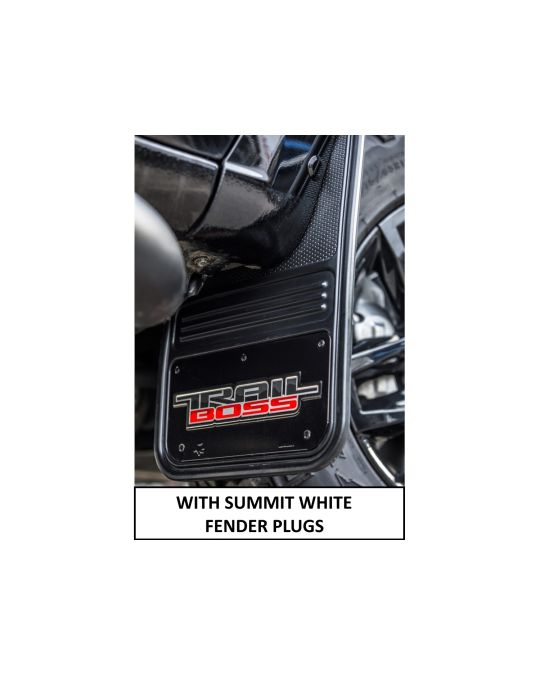 Chevrolet Front And Rear Rubber Gatorback Mud Flaps No Drill Black With Trail Boss Logo And Summit White Fender Plugs