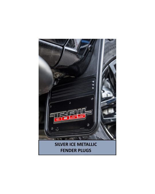 Chevrolet Front And Rear Rubber Gatorback Mud Flaps No Drill Black With Trail Boss Logo And Silver Ice Metallic Fender Plugs