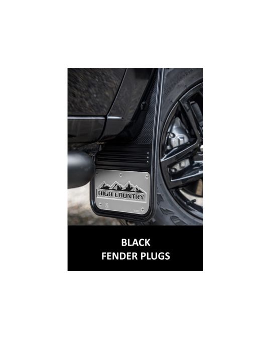 Chevrolet Front And Rear Rubber Gatorback Mud Flaps No Drill Black With Black High Country Logo And Black Fender Plugs