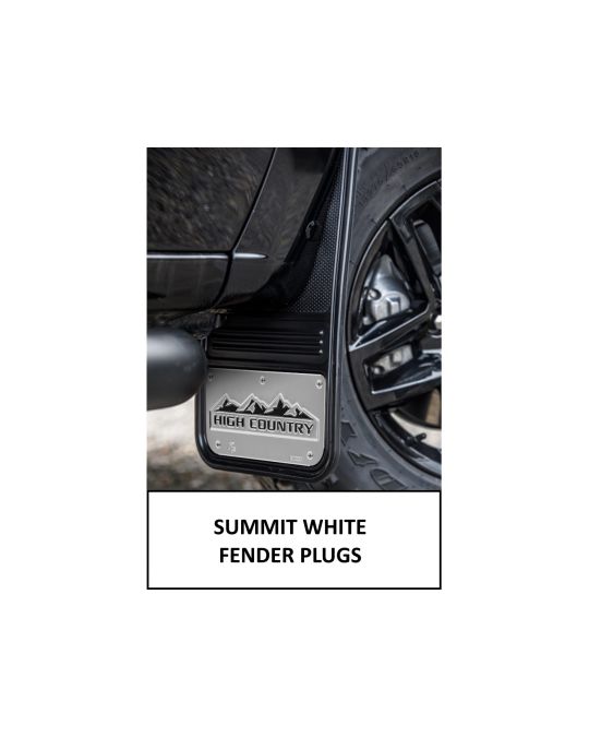 Chevrolet Front And Rear Rubber Gatorback Mud Flaps No Drill Black With Black High Country Logo And Summit White Fender Plugs