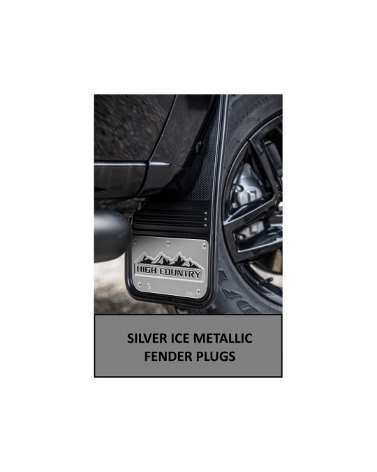 Chevrolet Front And Rear Rubber Gatorback Mud Flaps No Drill Black With Black High Country Logo And Silver Ice Metallic Fender Plugs