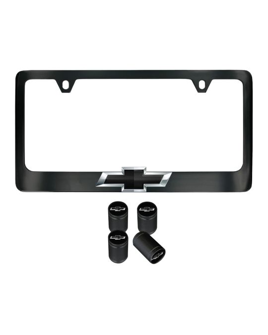 Chevrolet Wide Bottom License Plate Frame With Valve Stem Caps In Black With Bowtie Logo