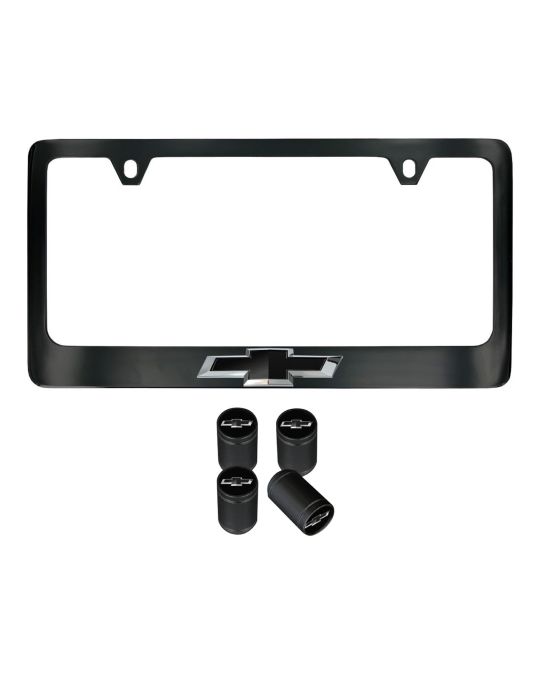 Chevrolet Wide Bottom License Plate Frame With Valve Stem Caps In Black With 3D Bowtie Logo