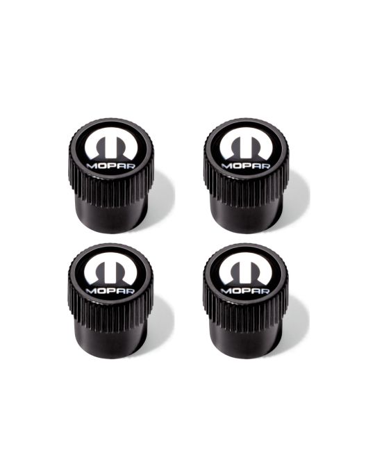 Mopar Wheel Valve Stem Caps Black With Mopar Logo Kit Of Four