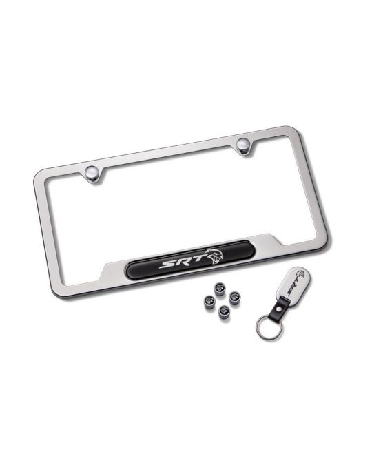 Mopar License Plate Frame Gift Set Polished Chrome And Silver Valve Stem Caps And Key Chain With SRT Logo