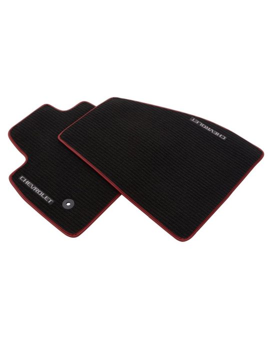 Chevrolet First Row Premium Carpeted Floor Mats In Jet Black With Red Binding And Chevrolet Script Logo