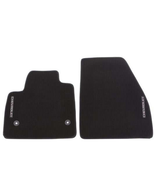 Chevrolet First Row Kit Of Two Premium Carpeted Floor Mats In Black With Black Binding And Chevrolet Script Logo
