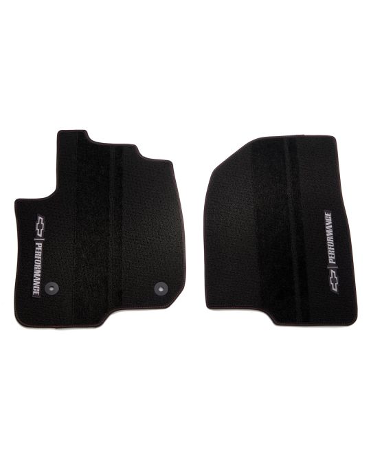 Chevrolet Premium Carpeted Floor Mats For Front Row Regular Cab / Jet Black With Chevrolet Performance Script / Bowtie Logo / Red Stitching