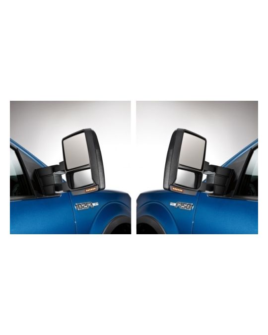 Ford Trailer Tow Mirrors - Power Mirror w/Black Caps, Heated, Puddle,Signal, Less Memory- Set of 2