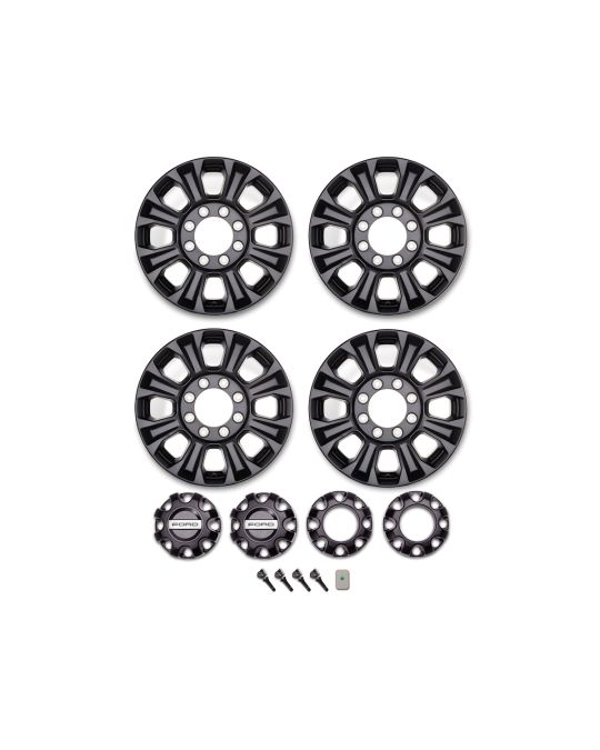 Ford Performance 18 Inch x 8 Inch Low Gloss Matte Black Tremor Wheels Kit Of Four With Center Caps And TPMS For Single Rear Wheel Trucks
