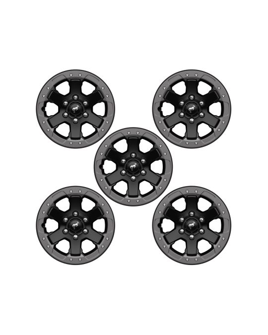 Ford Performance Set Of Five Badlands Gloss Black Bead Lock Capable Wheels 17" x 8" With Carbonized Gray Trim Rings