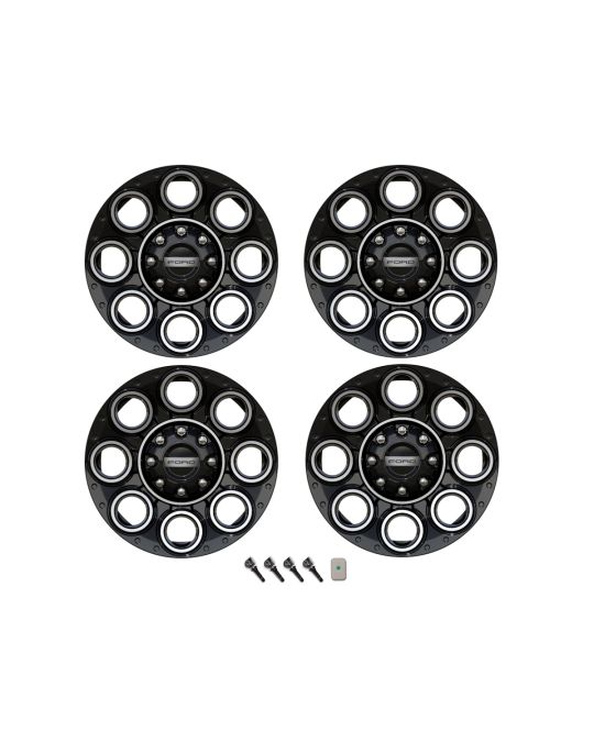 Ford Performance 20 Inch x 8 Inch High Gloss Black Premium 8-Hole Aluminum Wheels With Machined Face Circles Kit Of Four With Center Caps And TPMS For Single Rear Wheel Trucks