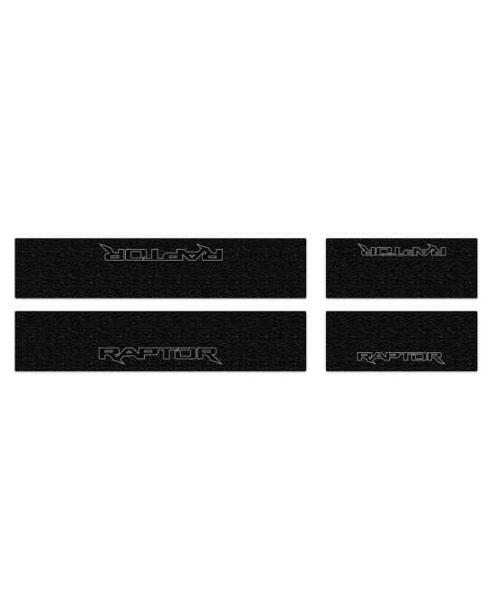 Ford Door Sill Protection Overlays Kit Of Four By Tufskinz Black Textured With Gray Raptor Lettering