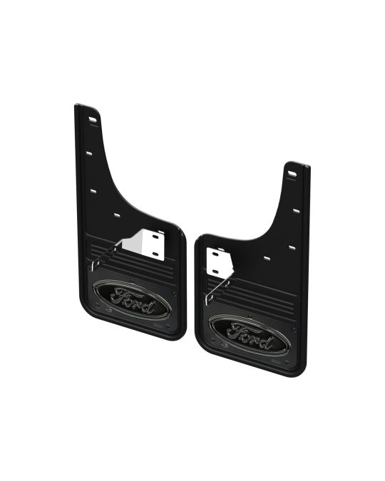 Ford Front Gatorback Splash Guards With Black Ford Oval Logo On Gunmetal Stainless Steel Surround