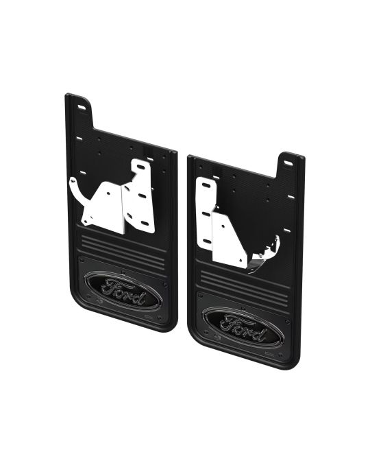 Ford Rear Gatorback Splash Guards With Black Ford Oval Logo On Gunmetal Stainless Steel Surround