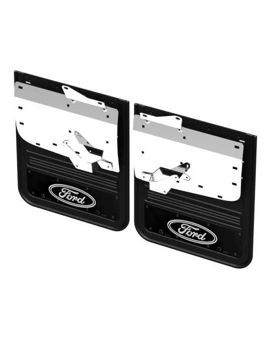 Ford Gatorback DRW Splash Guards With Black Ford Oval Logo On Black Stainless Steel Surround
