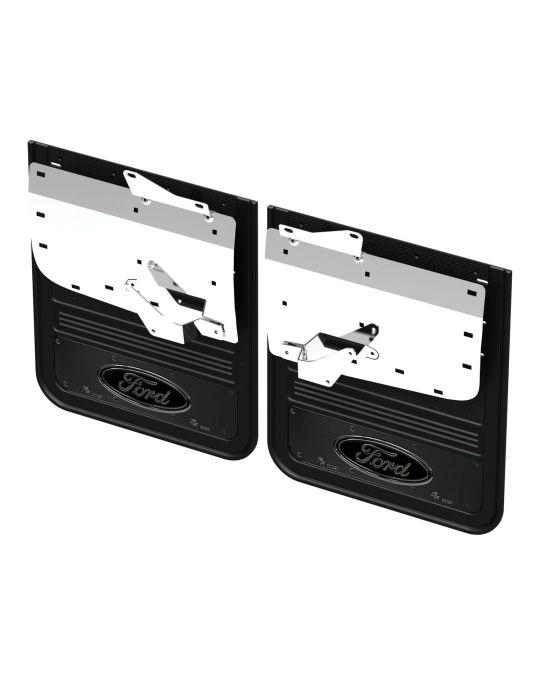 Ford Gatorback DRW Splash Guards With Black Ford Oval Logo On Gunmetal Stainless Steel Surround